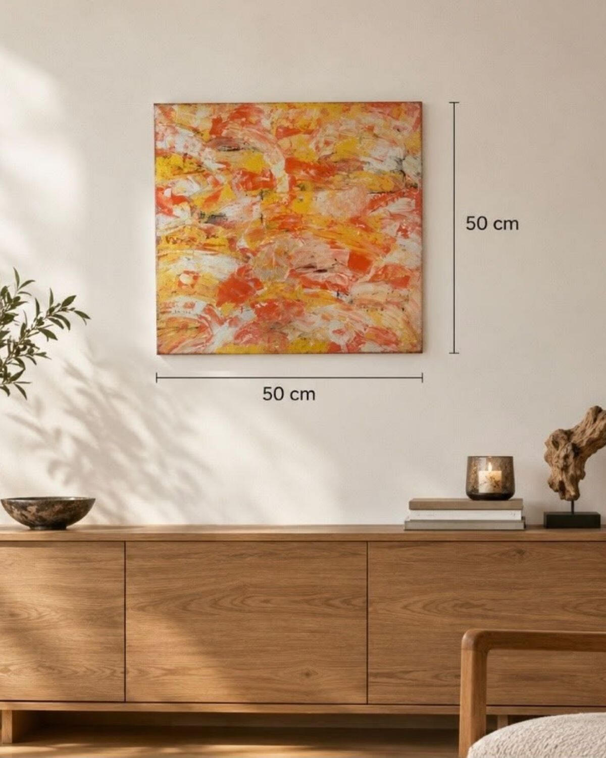 Abstraktes Strukturbild in Orange, Gelb und Weiß mit lebhafter, plastischer Oberfläche, 50 × 50 cm, Beates Kunst