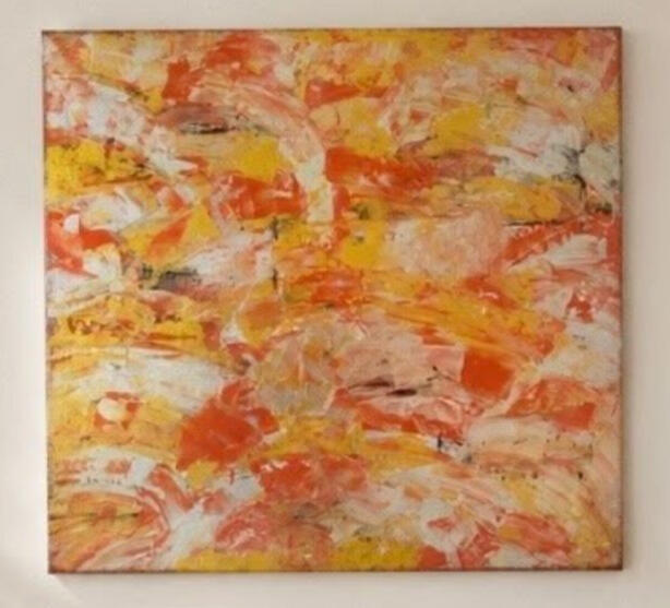 Beates Kunst Abstraktes Strukturbild in Orange, Gelb und Weiß mit lebhafter, plastischer Oberfläche, 50 × 50 cm, Beates Kunst