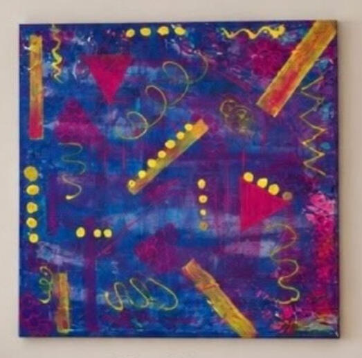 Quadratisches abstraktes Bild in Blau und Violett mit gelben Punkten, pinken Dreiecken und goldenen Spirallinien, 50 × 50 cm